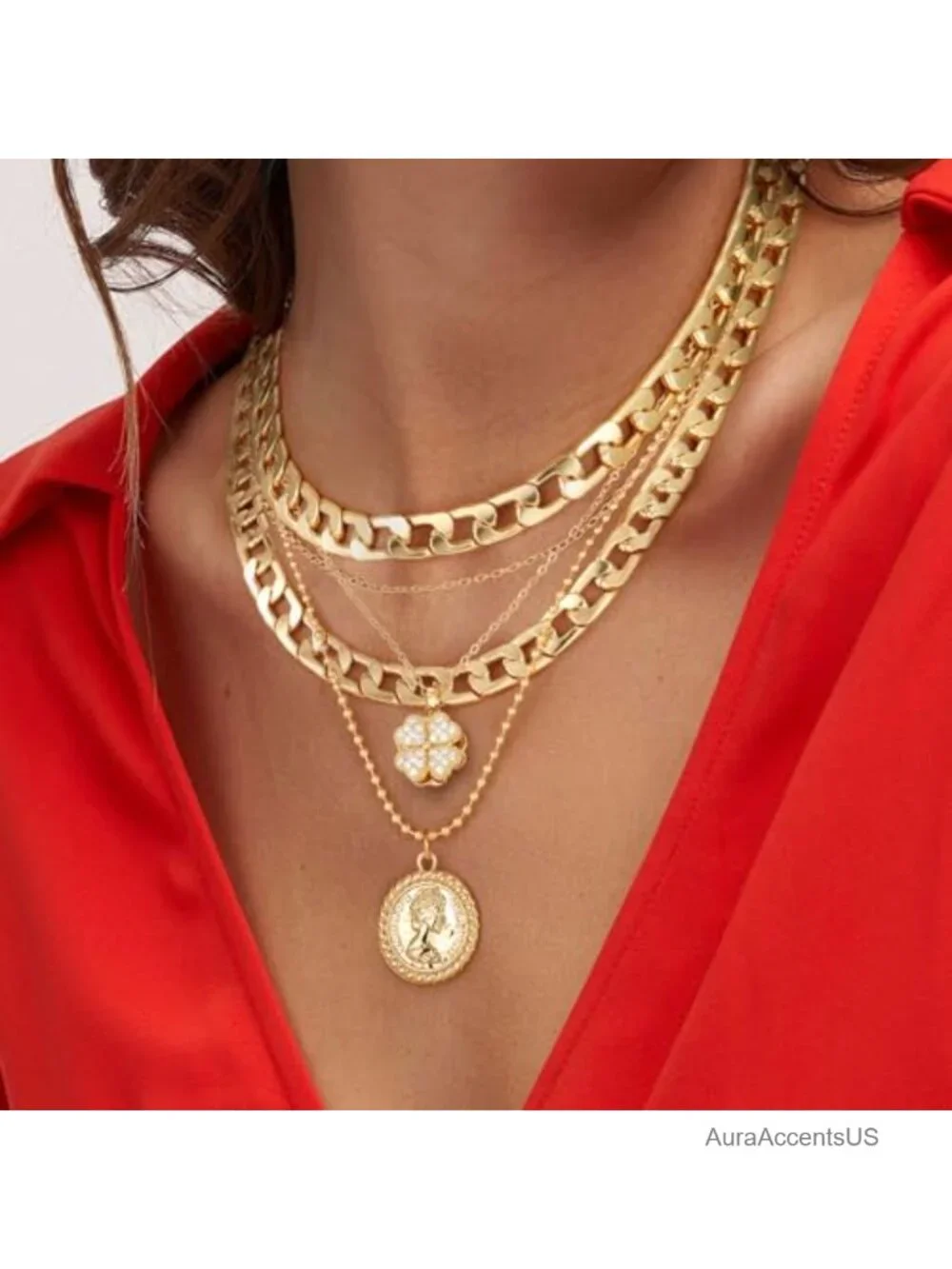 Layered Gold Coin Pendant Necklace Set 5 in 1 Trendy Chunky